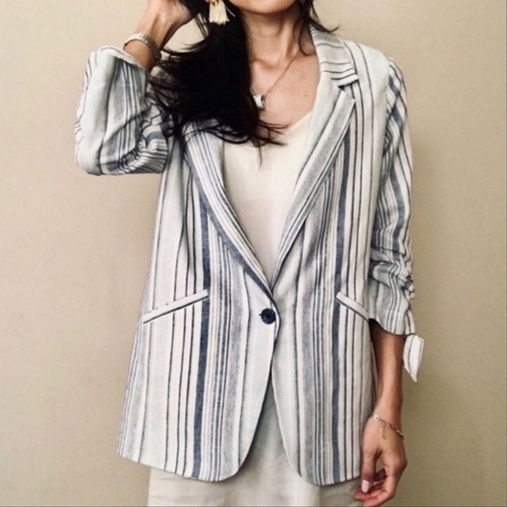 Drew Catalina Striped Linen Blend Boxy Single Button Blazer Jacket Blue Gray XS - Picture 13 of 13